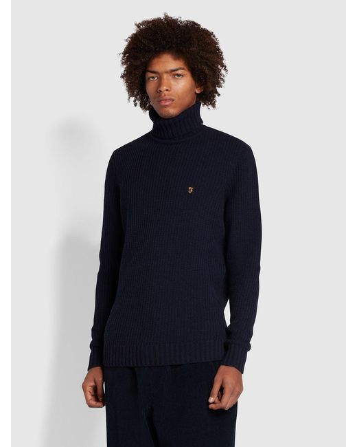 Farah Blue Anton Regular Fit Fisherman Stitch Roll Neck Sweatshirt for men