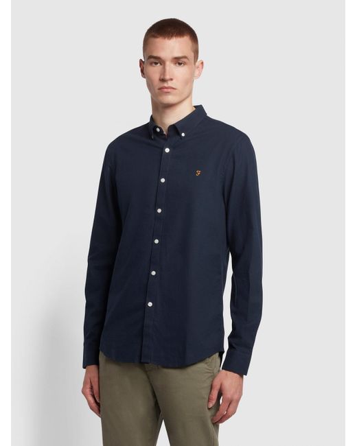 Farah Blue Brewer Slim Fit Organic Cotton Oxford Shirt for men