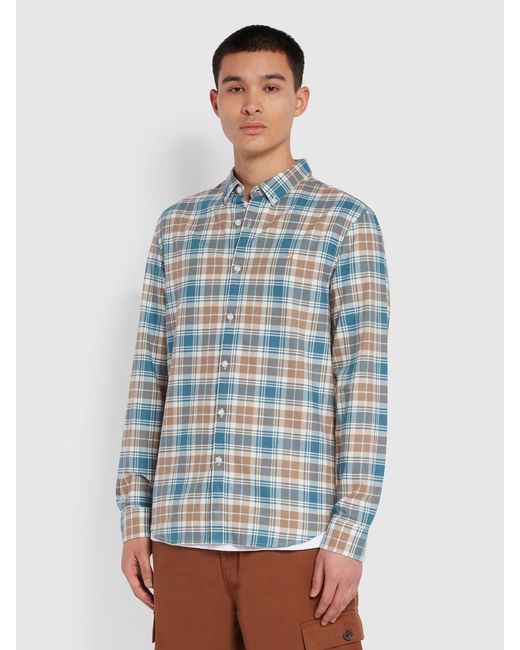 Farah Blue Brewer Slim Fit Check Organic Cotton Oxford Shirt for men