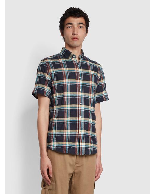Farah Blue Cashell Casual Fit Short Sleeve Organic Cotton Shirt for men