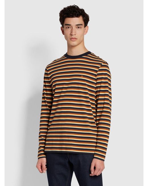 Farah Blue Hamill Regular Fit Organic Cotton Long Sleeve Stripe T-Shirt for men