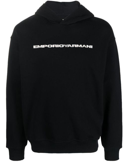 Emporio Armani Black Logo-print Organic Cotton Hoodie for men