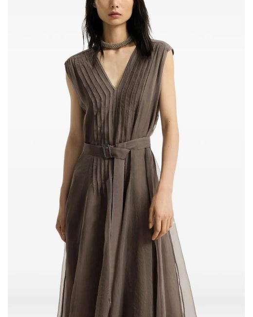 Brunello Cucinelli Brown Crispy Silk Belted Dress With Pleated Detail And Precious Strap