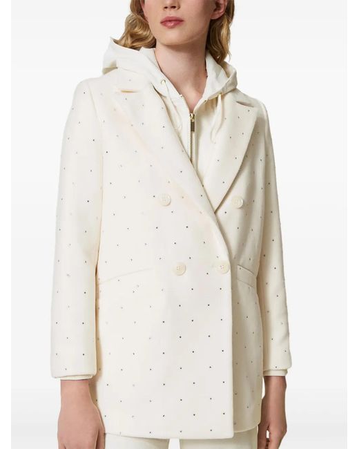Twinset Natural Rhinestone-Embellished Double-Breasted Coat