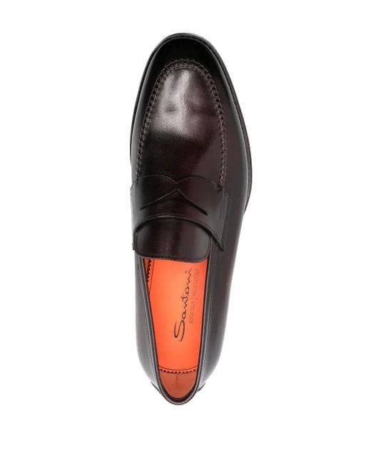 Santoni Black Almond-Toe Leather Penny Loafers for men