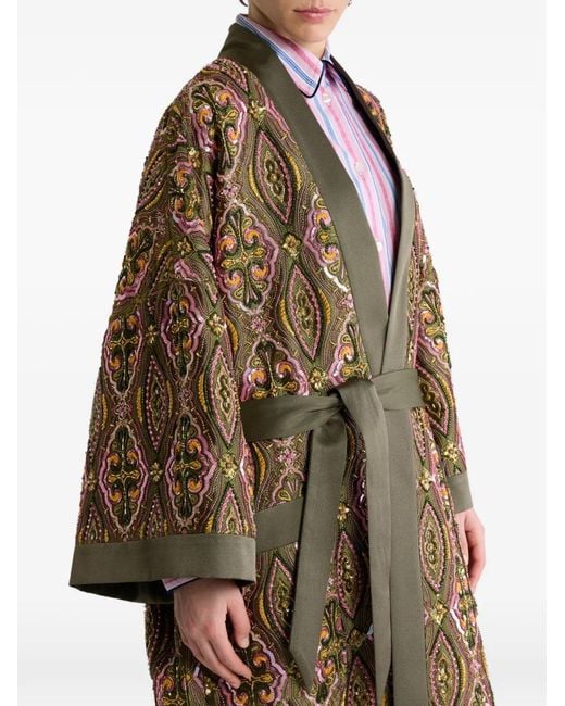 Etro Green Kimono Coat With Beads And Floral Medallion Embroidery