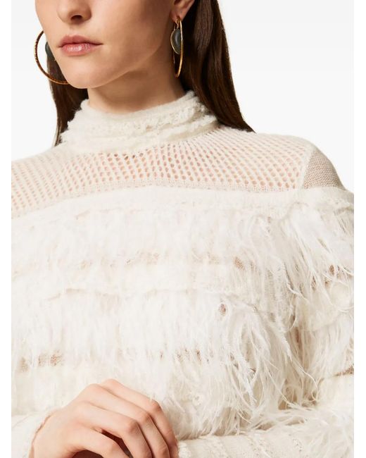 Twinset White Feather-Embellished Ruffled Jumper