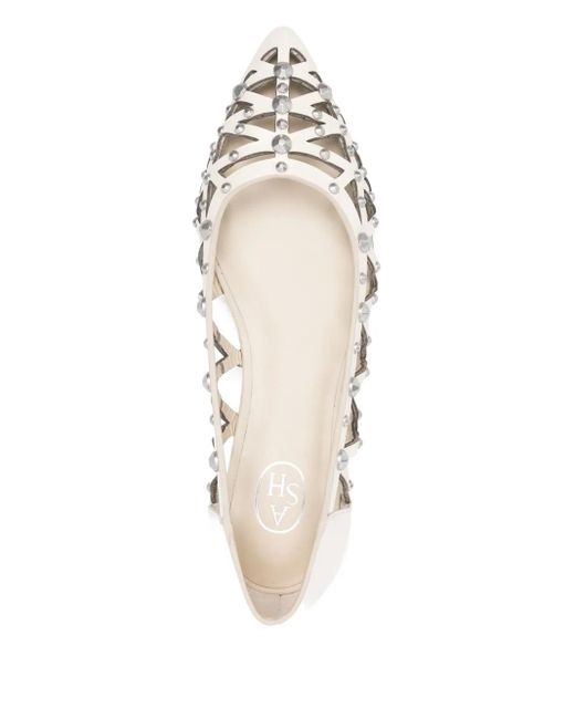 Ash White Pointed-Toe Studded Flat Pumps