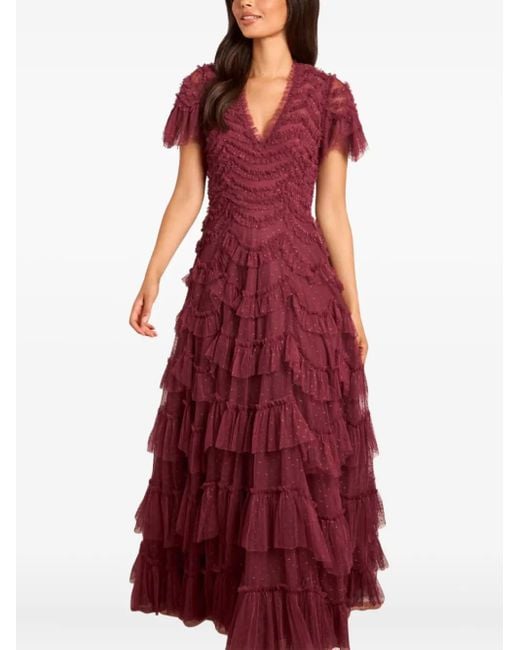 Needle & Thread Red Aviana Ruffled V-Neck Maxi Dress