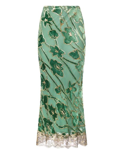Roberto Cavalli Green Langer Samtrock Mit Blumen-Spitzenbesatz