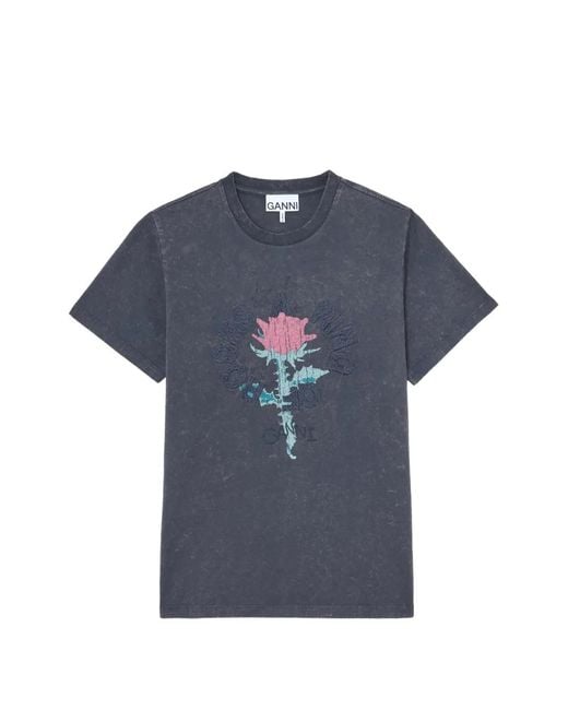 Ganni Blue T-Shirt With Rose