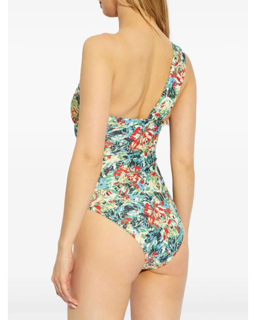 Ganni Multicolor Floral-Print One-Shoulder Swimsuit
