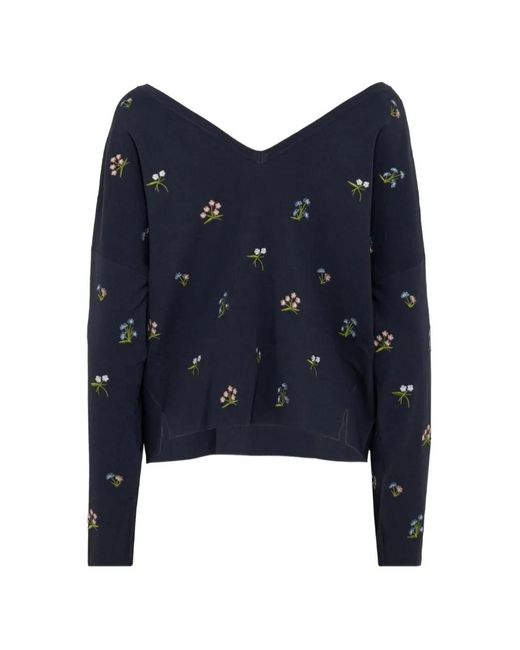 Blugirl Blumarine Blue Floral-Embroidered V-Neck Sweater