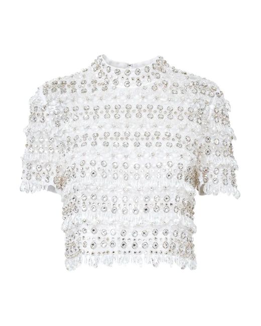 Carolina Herrera White Crystal-Embellished Short-Sleeve Top
