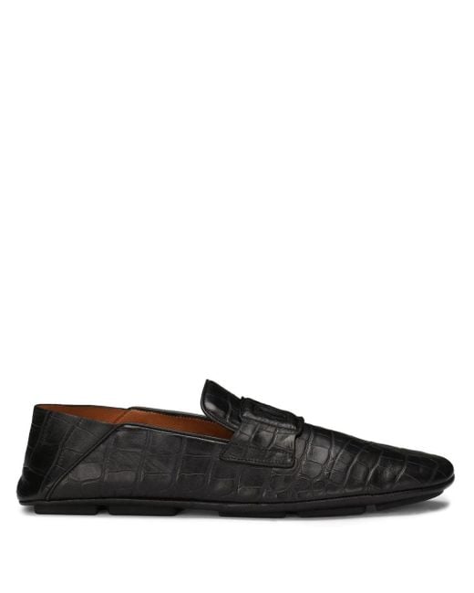 Dolce & Gabbana Black Dg Logo Embossed-crocodile Leather Loafers for men