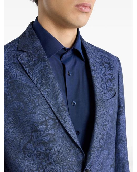 Etro Blue Single-Breasted Linen And Cotton Jacquard Jacket With Floral Paisley Motif for men