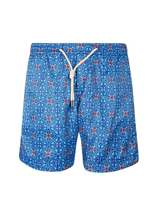 Peninsula Blue Vendicari Geometric-Print Drawstring Swim Shorts for men