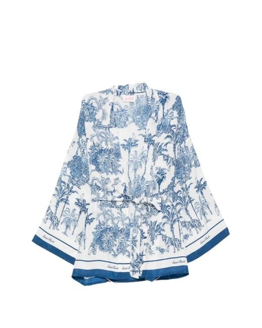 Mc2 Saint Barth Blue Carly Short Toile De Jouy-Print Kimono