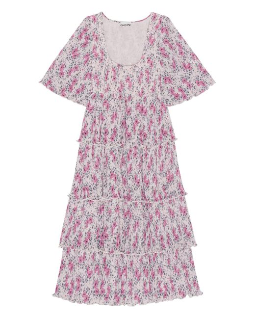 Ganni Midi-Jurk Met Bloemenprint in het Purple
