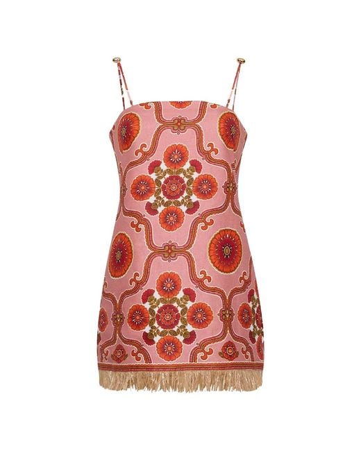 Cara Cara Red Valencia Floral-Print Fringed Mini Dress