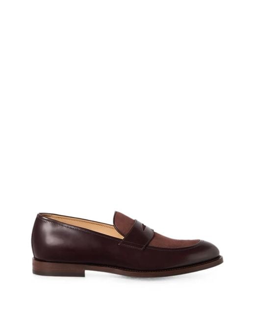 Brunello Cucinelli Brown Polished Calfskin And Suede Penny Loafers for men