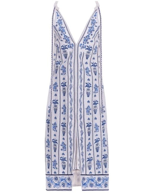 Agua Bendita Blue Suspiro Embroidered Linen Dress