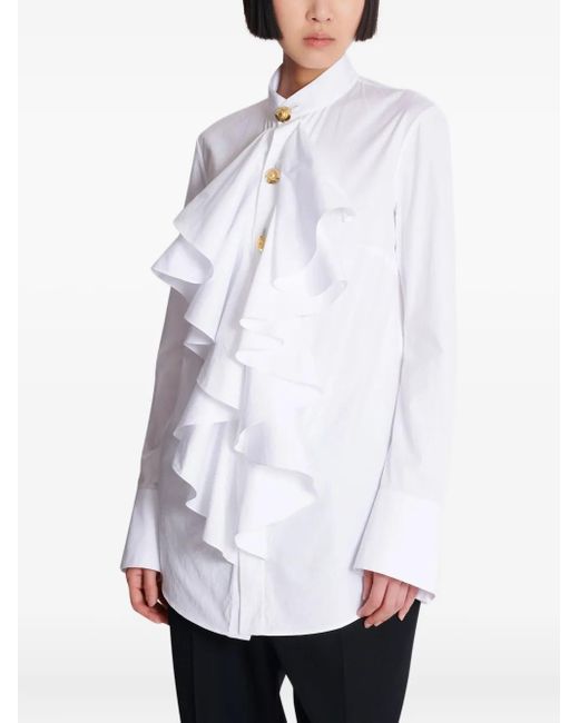 Balmain White Ruffled Poplin Shirt