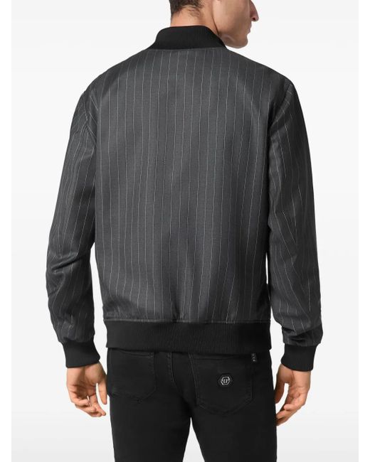 Philipp Plein Black Pinstriped Bomber Jacket for men