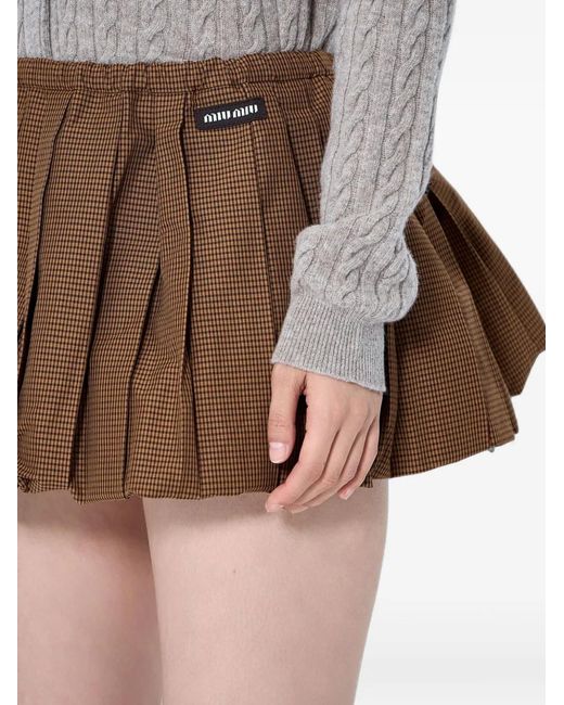Miu Miu Natural Pleated Gingham-Check Mini Skirt