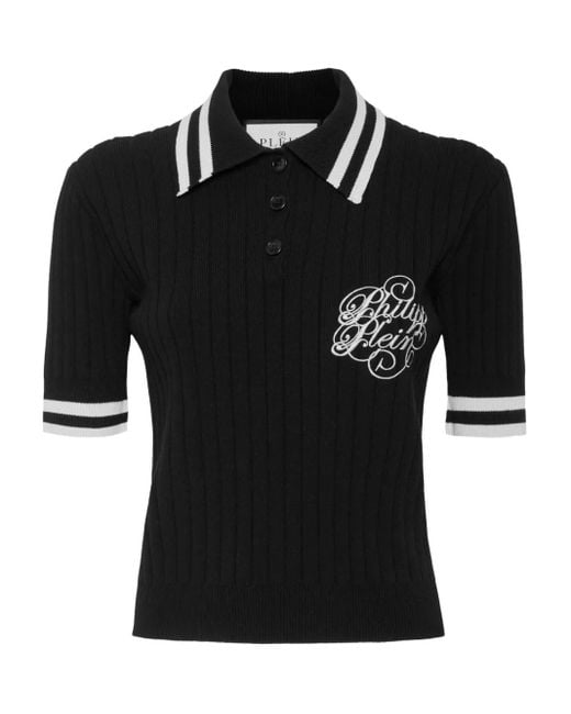 Philipp Plein Black Logo-Embroidered Ribbed-Knit Polo Top