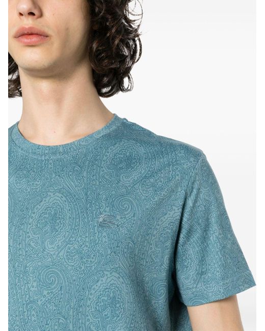 Etro Blue Cotton T-Shirt With Logo Embroidery for men