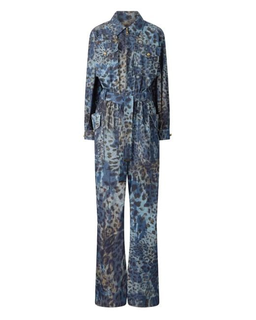 Roberto Cavalli Blue Animal-Print Belted Jumpsuit