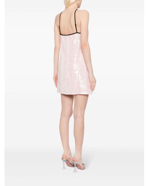 Self-Portrait Pale Pink Sequin Mini Dress From , With Thin Black Straps And Flower Detail On The Front.