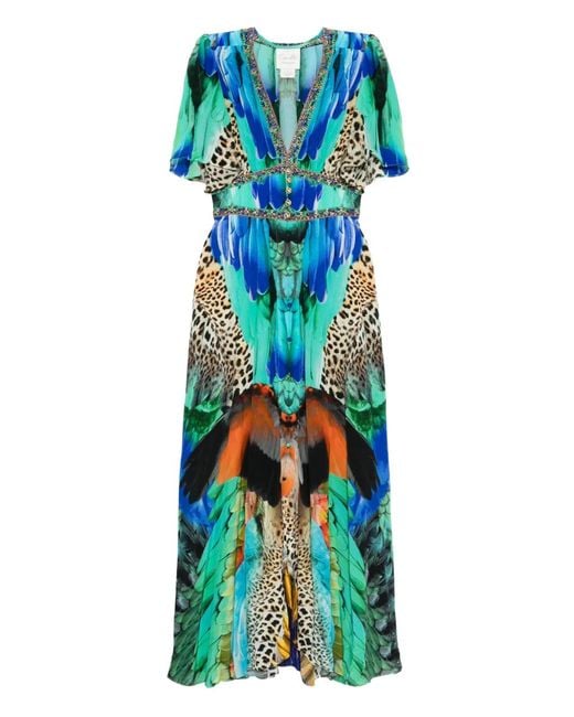 Camilla Blue Shaped Waistband Dress With Flutter Sleeves Jungle Flight