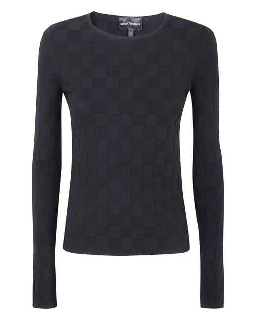 Emporio Armani Blue Check-Pattern Long-Sleeve Sweater