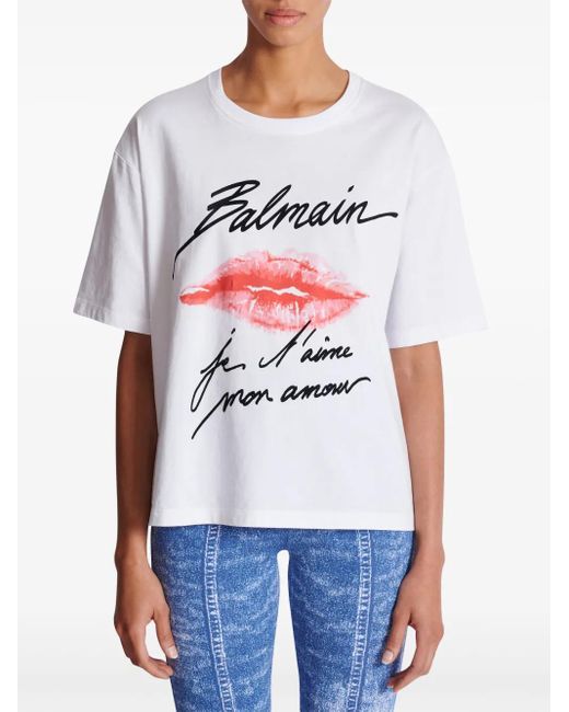 Balmain Kiss Print Oversized T-Shirt With Script Logo in