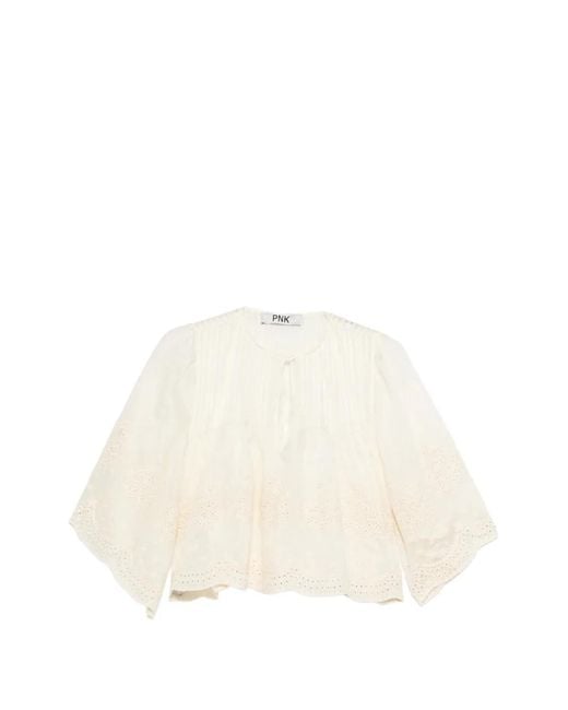 Pink White Pleated Embroidered Blouse