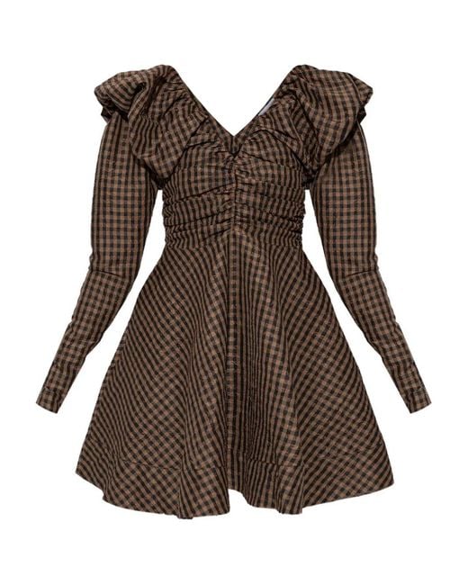 Ganni Brown V-Neck Checked Mini Dress