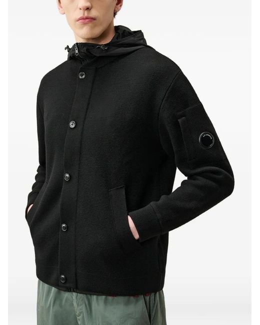 C P Company Black Goggle-Detail Button-Up Hoodie for men