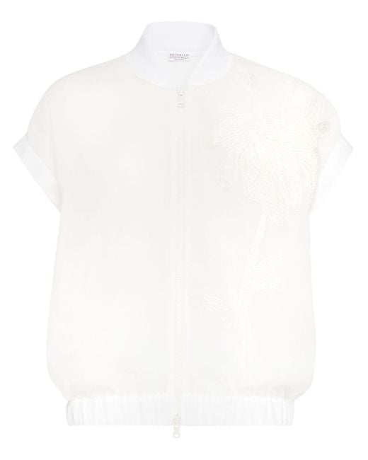 Brunello Cucinelli White Floral-applique Short-sleeve Bomber Jacket