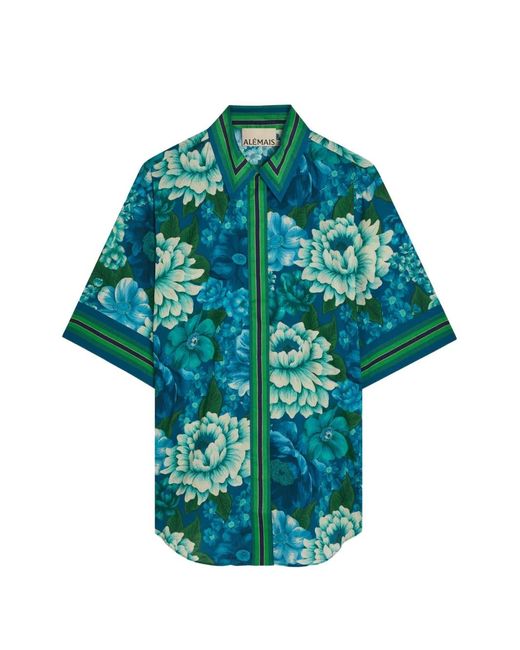 ALÉMAIS Blue Margo Floral-Print Striped-Trim Shirt
