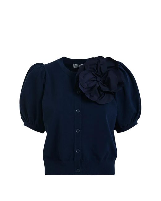 Essentiel Antwerp Blue Flower-Brooch Puffed-Sleeve Cardigan