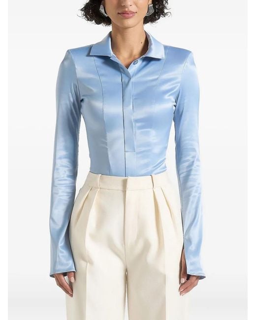 Manière De Voir Blue Louise Wide Shoulder Satin Shirt Bodysuit