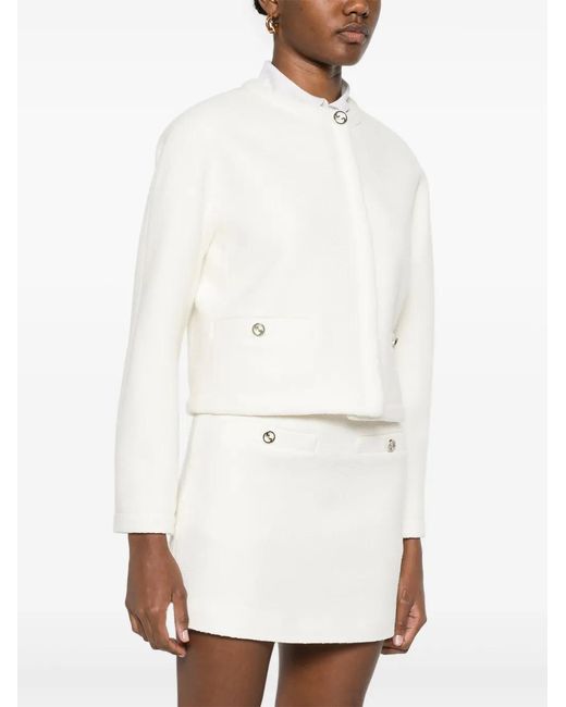 Gucci White Collarless Cropped Jacket With Gg Logo Button
