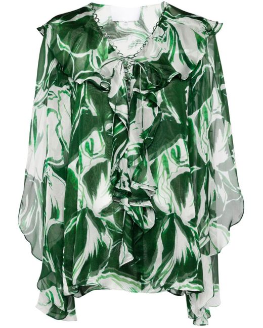 Costarellos Green Elowyn Floral-print Silk Blouse