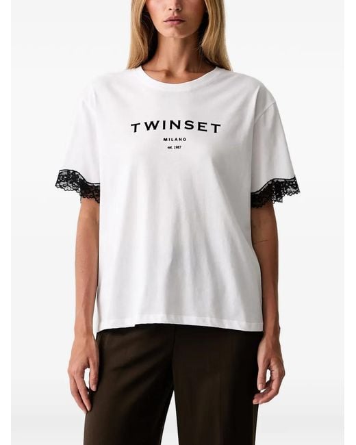 Twinset White Jersey T-Shirt With Logo And Lace
