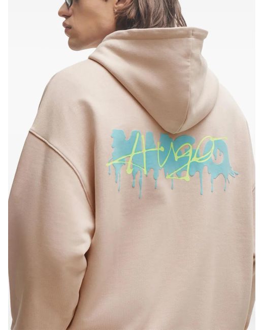 HUGO Pink Logo-Print Cotton Hoodie for men