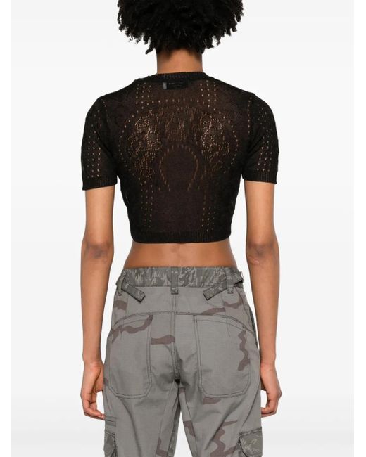 MARINE SERRE Black Pointelle-Knit Cropped Blouse