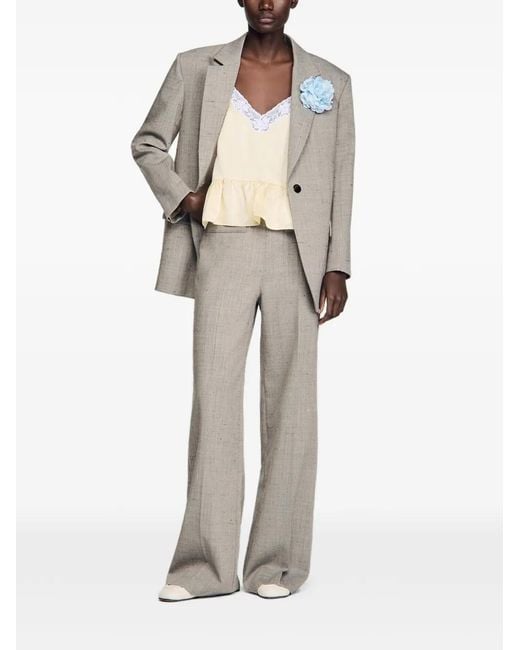 Sandro Gray Wide-Leg Checked Wool Trousers