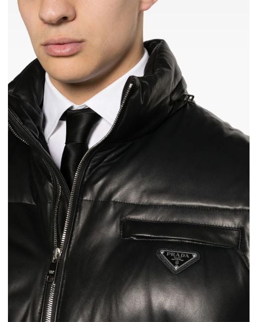Prada Black Logo-Plaque Leather Puffer Coat for men